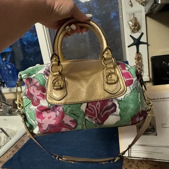 Coach Floral Canvas Satchel with Gold Leather Trim and Pink Blossoms - Picture 6 of 7